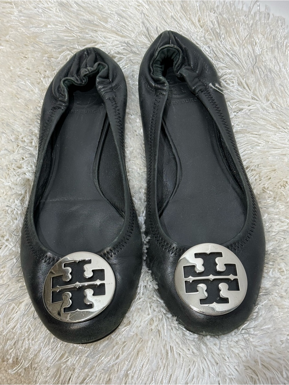 Tory Burch Reva ballet flats black leather with silver logo 9.5